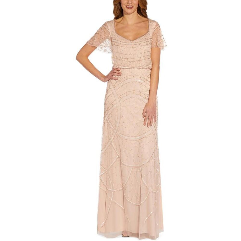 Adrianna Papell Womens Pink Mesh Embellished Formal Evening Dress Gown